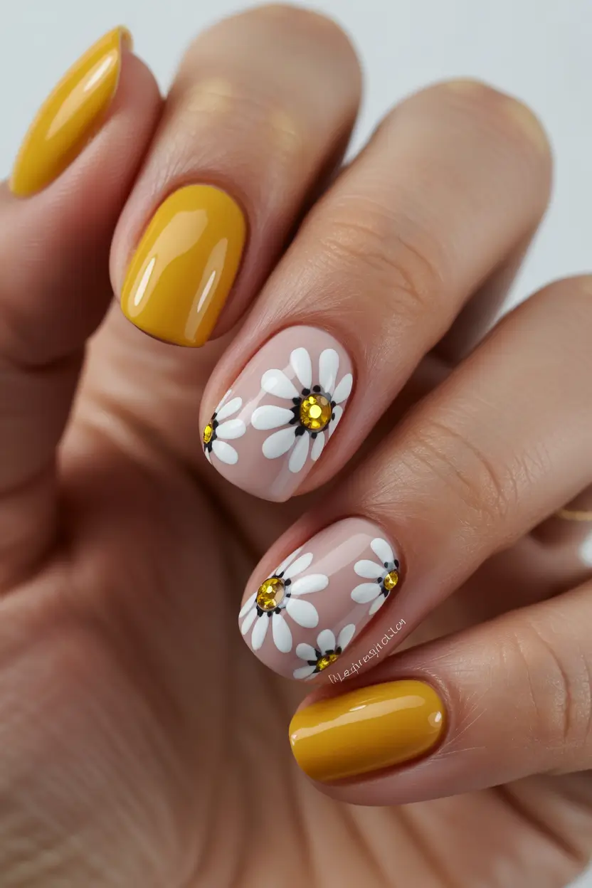 cute yellow spring nails 2026 daisy flower nail art yellow manicure ideas