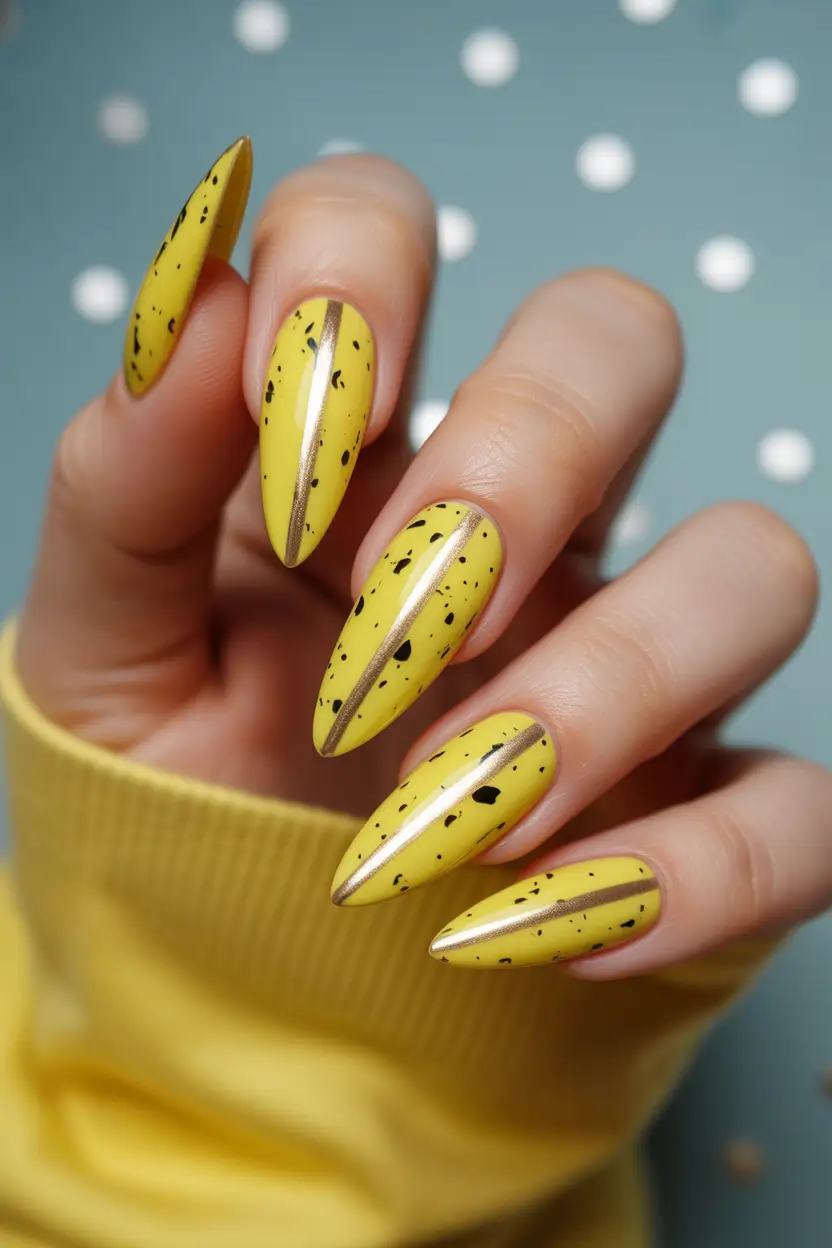 cute yellow spring nails 2026 Speckled Yellow Chrome Almond Nails