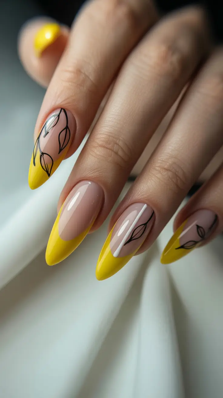 cute yellow spring nails 2026 Yellow Almond French Nails With Minimal Botanical Line Art