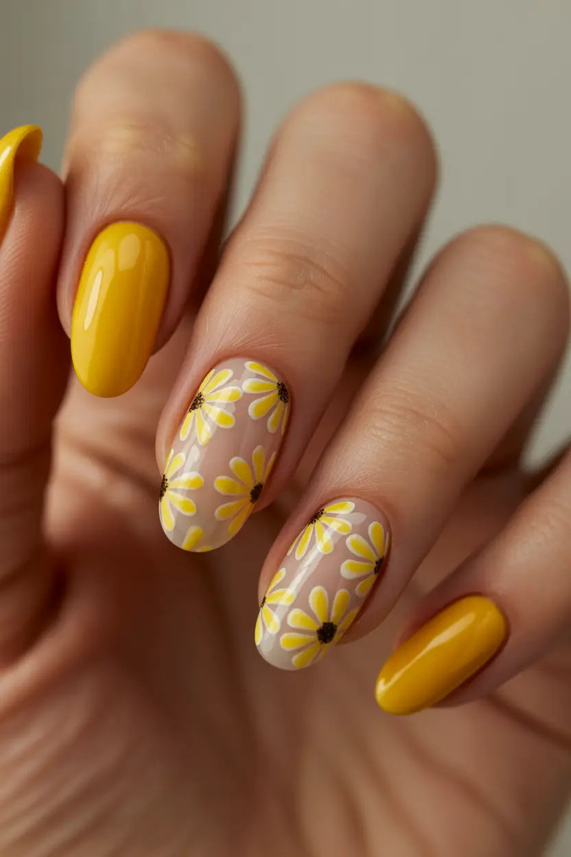 cute yellow spring nails 2026 pastel yellow daisy nail design spring manicure