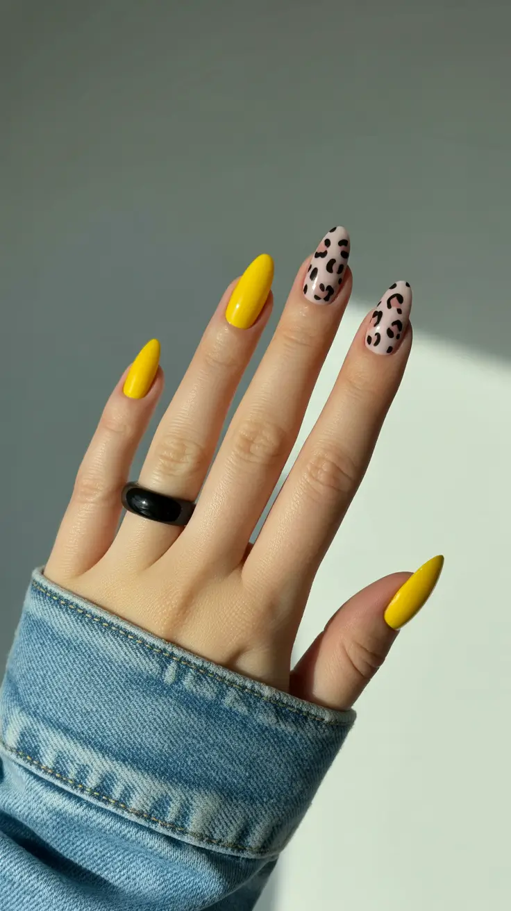 cute yellow spring nails 2026 yellow leopard accent nail design almond nails