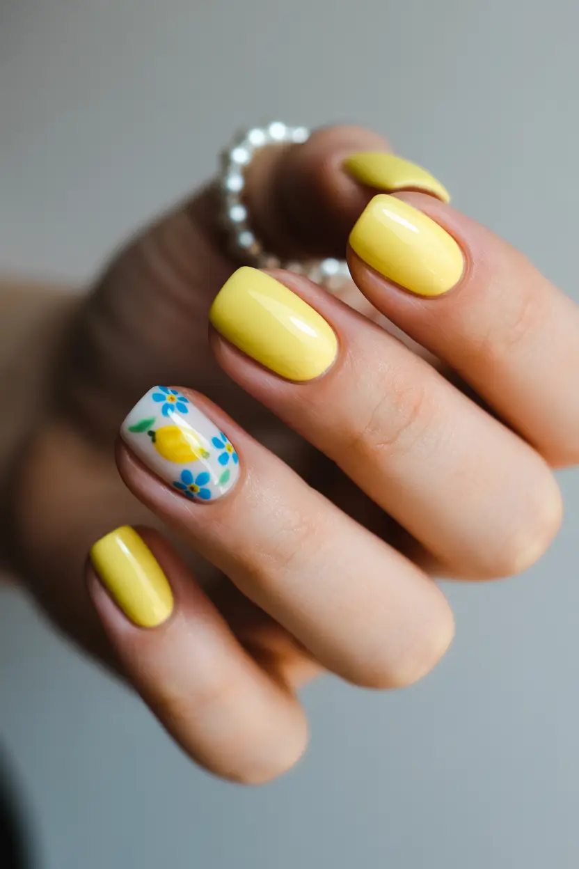 cute yellow spring nails 2026 soft yellow short nails with tiny flower art