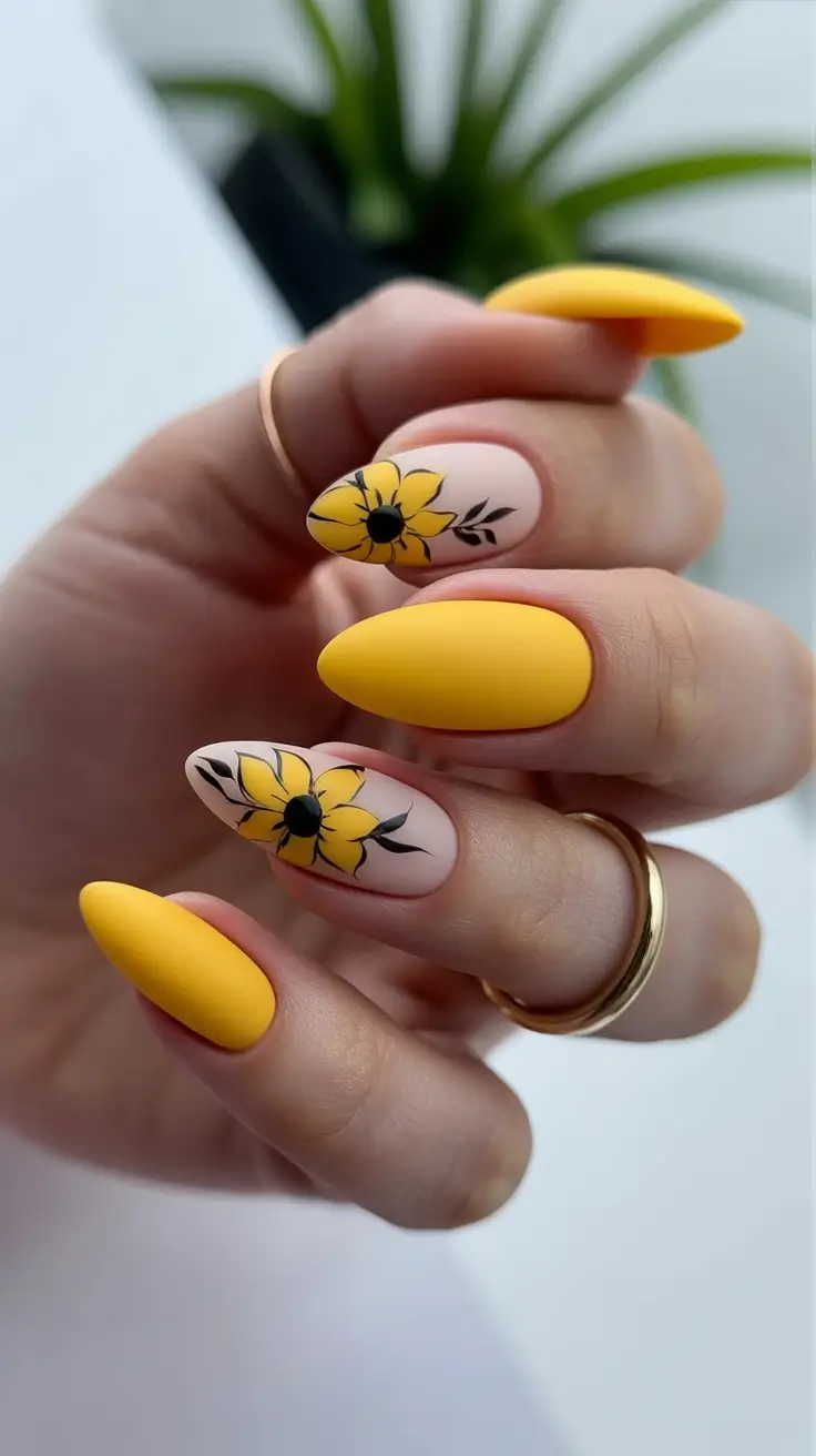 cute yellow spring nails 2026 sunflower floral almond manicure