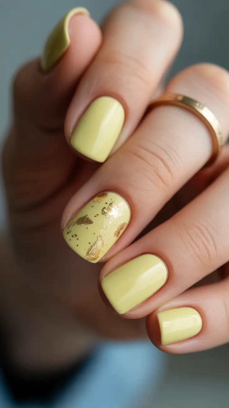 cute yellow spring nails 2026 pale yellow short manicure gold foil design