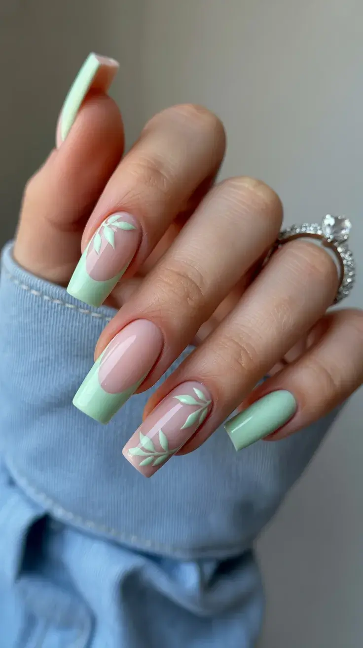easter nails color ideas 2026 Fresh Mint French with Soft Botanical Details