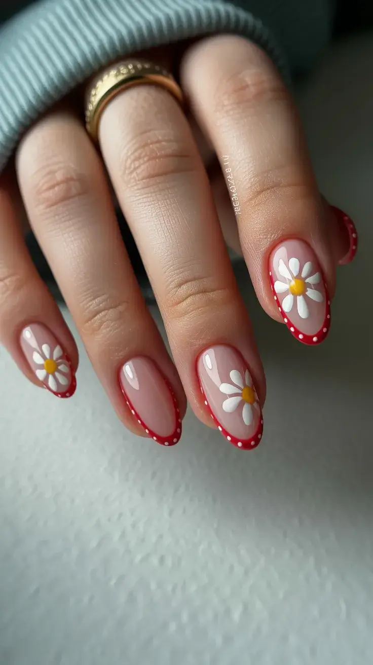 easter nails color ideas 2026 Spring Daisy French Nails with Red Tips