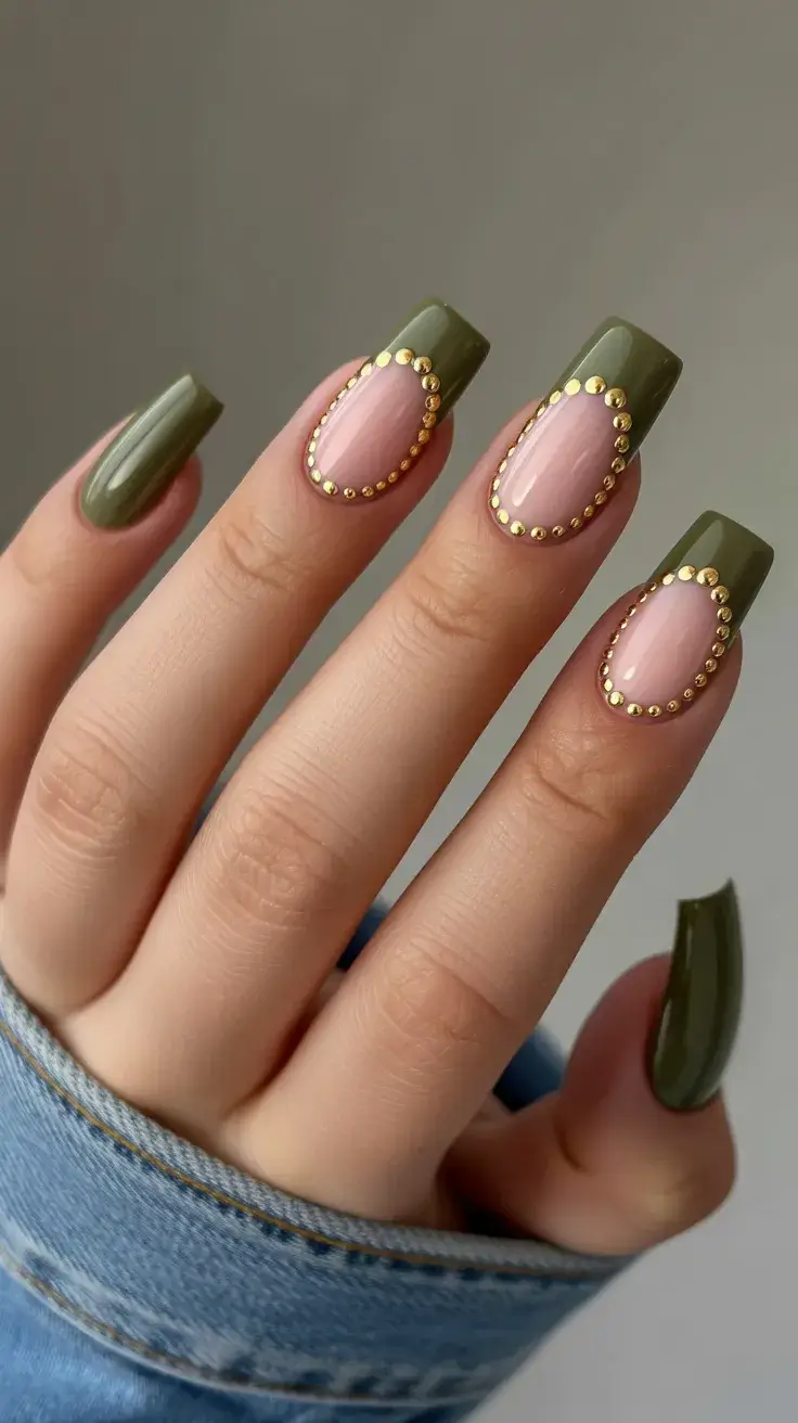 easter nails color ideas 2026 Olive Green Easter Nails with Gold Stud Frame