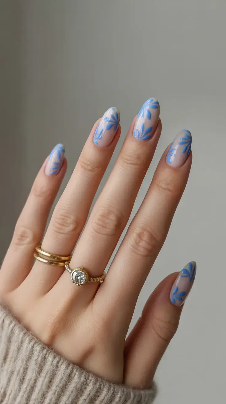 easter nails color ideas 2026 Minimal Nude Easter Nails with Sky Blue Floral Art