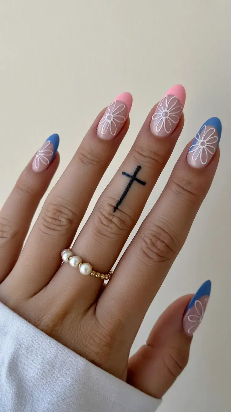easter nails color ideas 2026 Soft Pink Easter Nails with Blue Tips and Daisy Art
