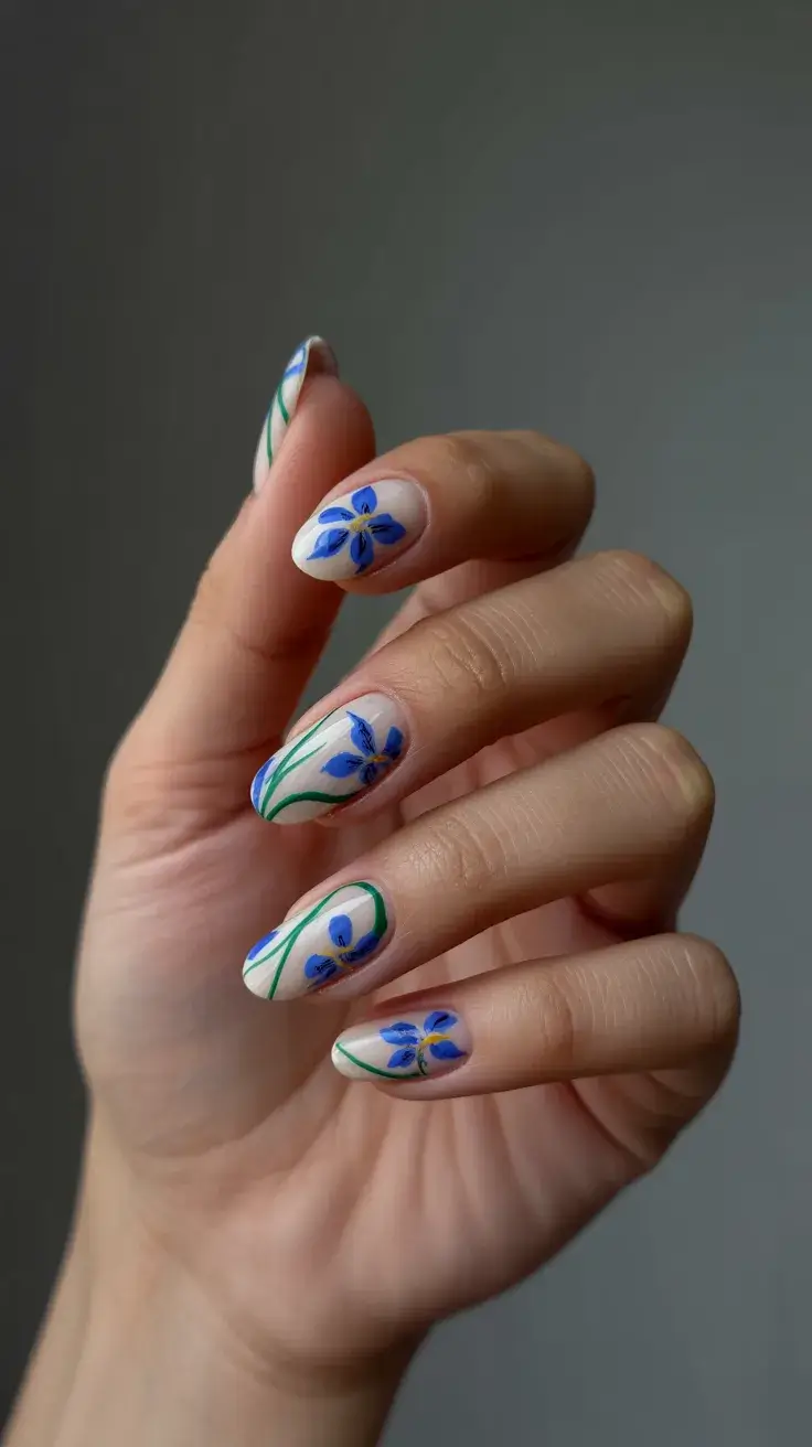 easter nails color ideas 2026 Minimal Blue Floral Nails for Simple Spring Elegance