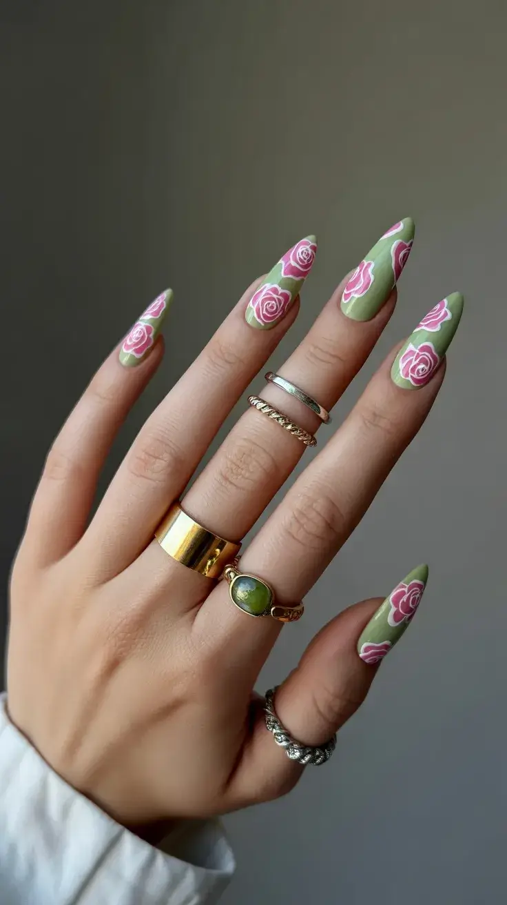 easter nails color ideas 2026 Vintage Rose Garden Green Nails