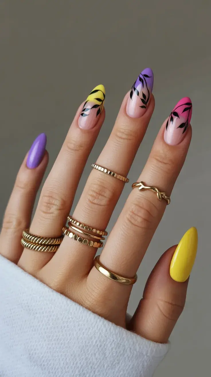 easter nails color ideas 2026 Playful Pastel Almond Nails with Graphic Leaf Art