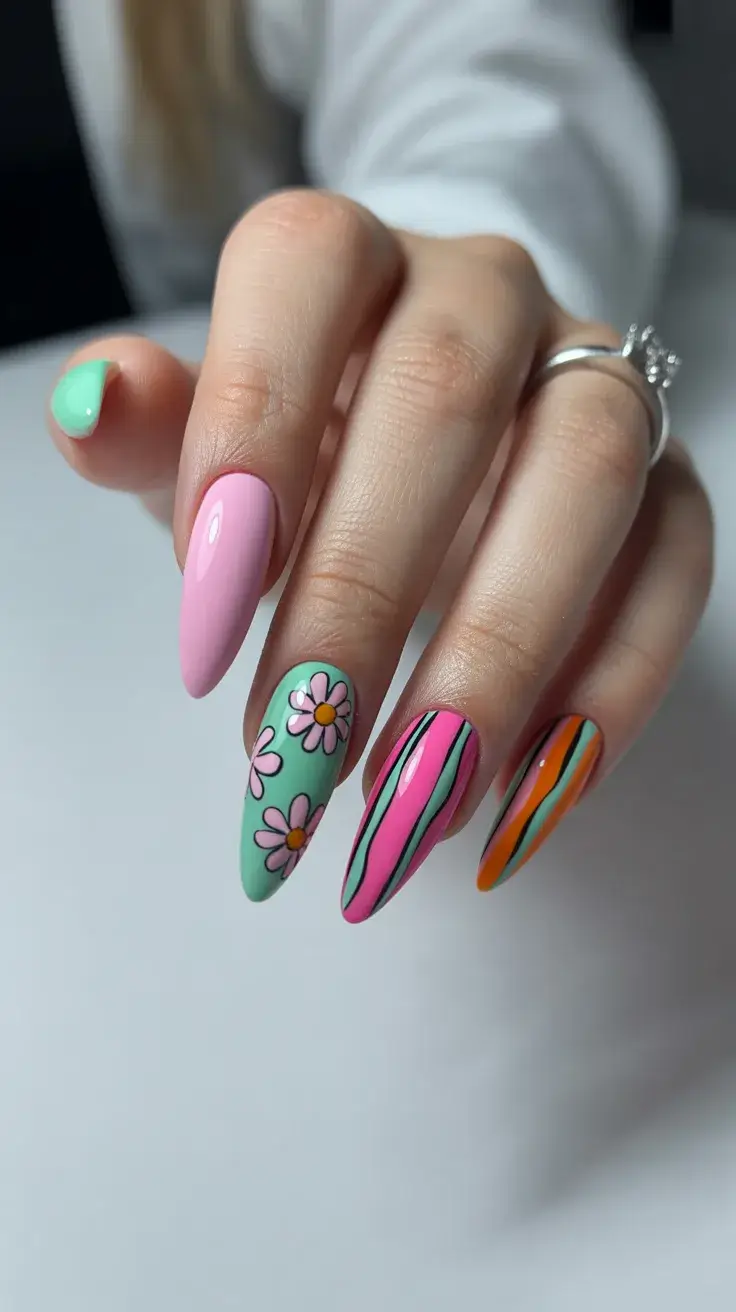 easter nails color ideas 2026 Playful pastel mix nails with spring daisies