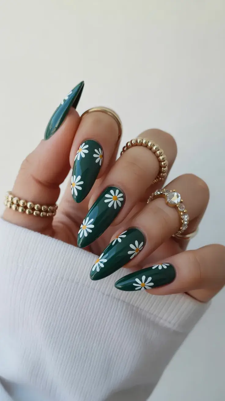 easter nails color ideas 2026 Deep green daisy nails for a fresh spring twist