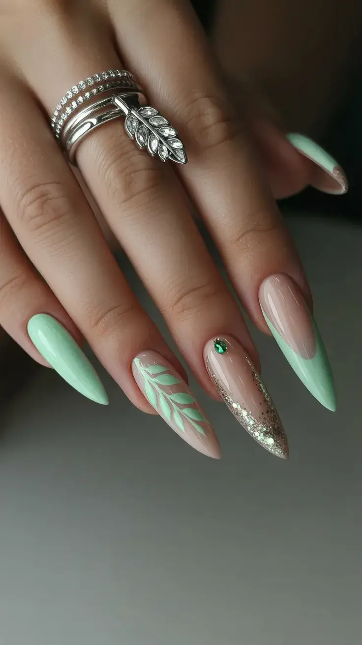 easter nails color ideas 2026 Elegant Mint Almond Nails with Subtle Glitter Accent
