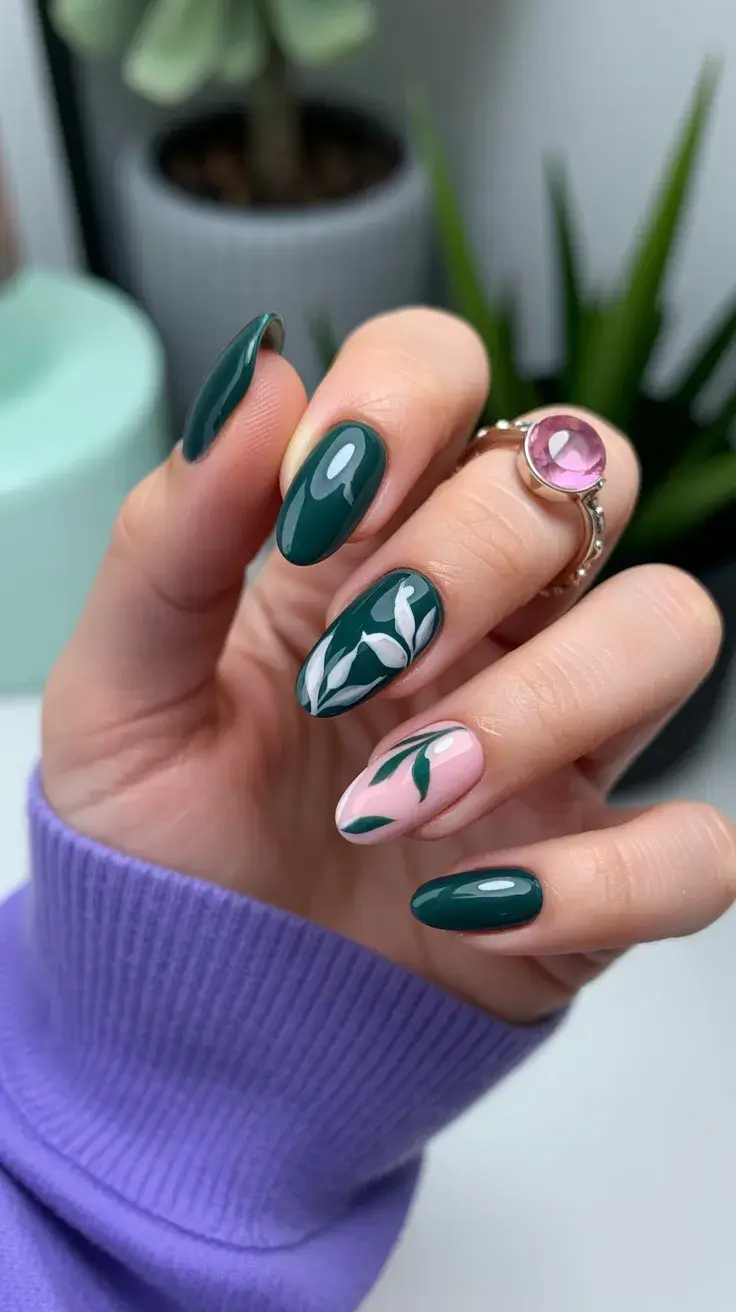 easter nails color ideas 2026 Deep Forest Green Easter Nails with Botanical Accents