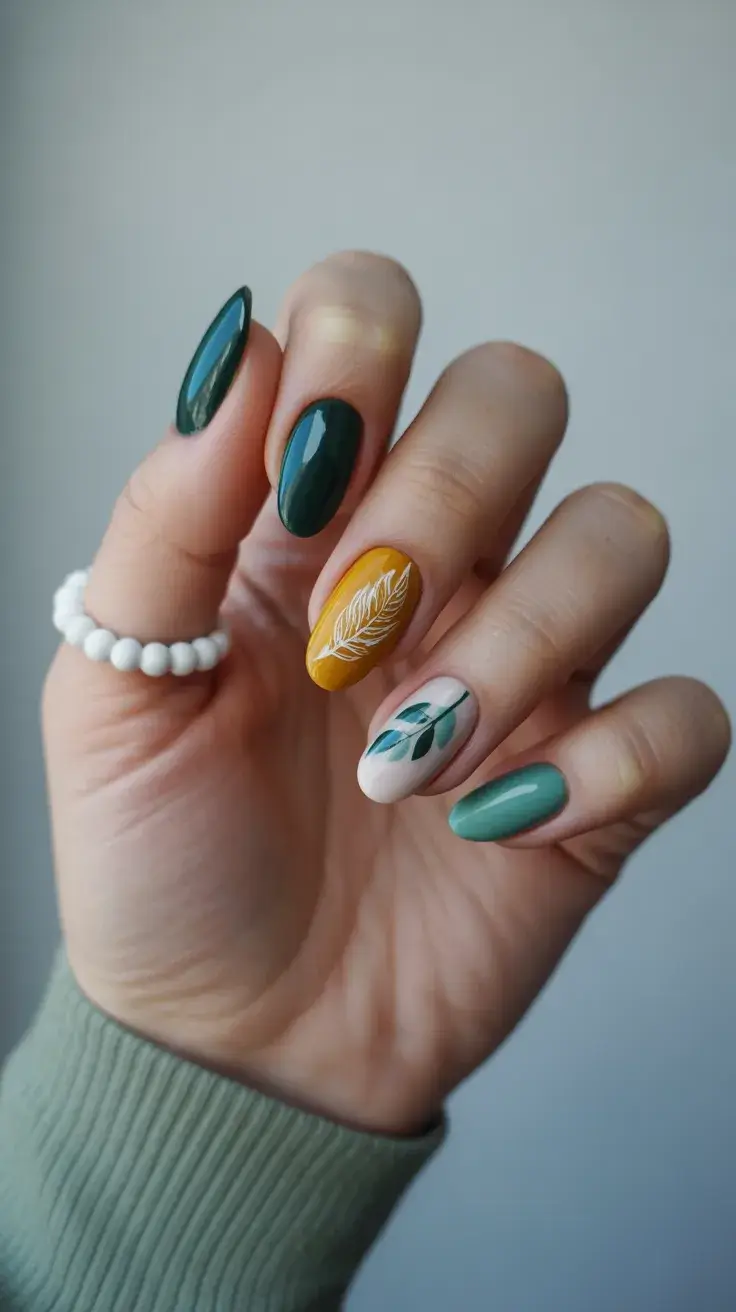 easter nails color ideas 2026 Spring Green and Mustard Easter Nails with Leaf Art