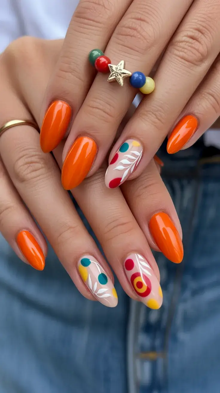 easter nails color ideas 2026 Bright Orange Easter Nails with Playful Graphic Details