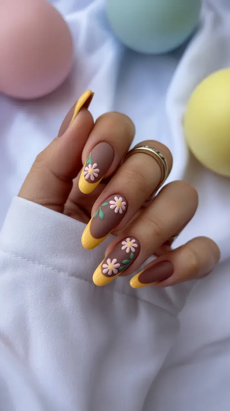 easter nails ideas 2026 Yellow French tip nails with delicate spring flowers
