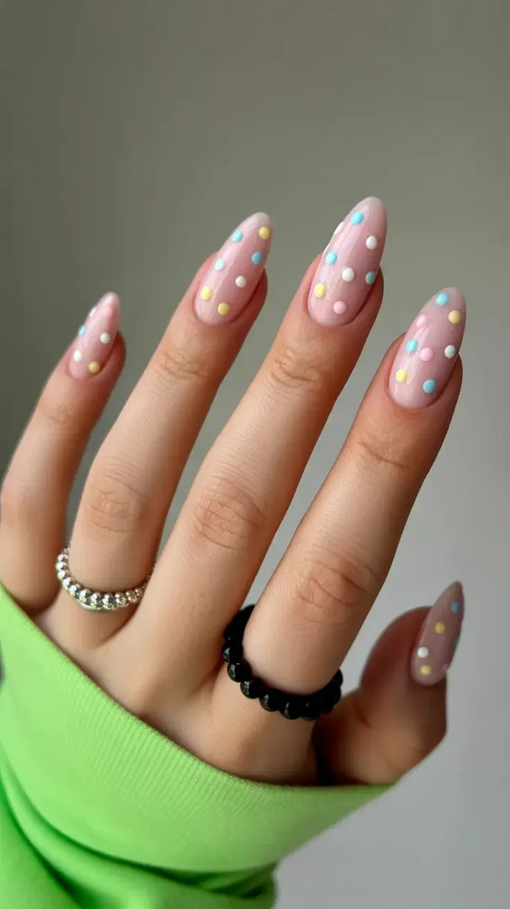easter nails ideas 2026 Soft pink nails with pastel confetti dots