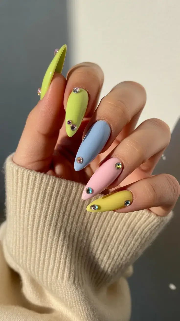 easter nails ideas 2026 Pastel spring nails with minimalist rhinestone accents