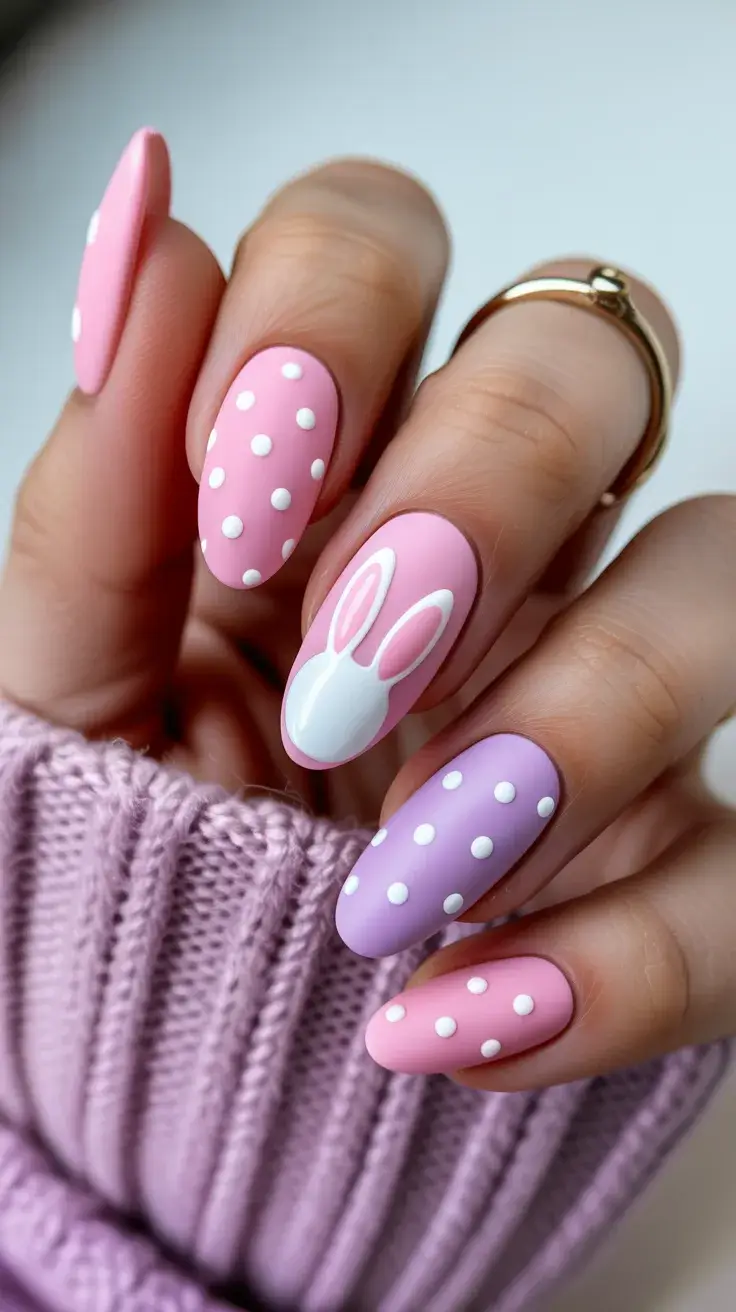 easter nails ideas 2026 Matte bunny nail art in soft Easter pastels