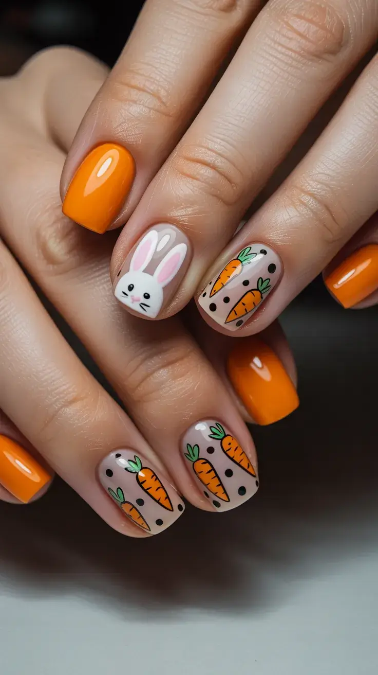 easter nails ideas 2026 Playful Bunny and Carrot Easter Nail Art