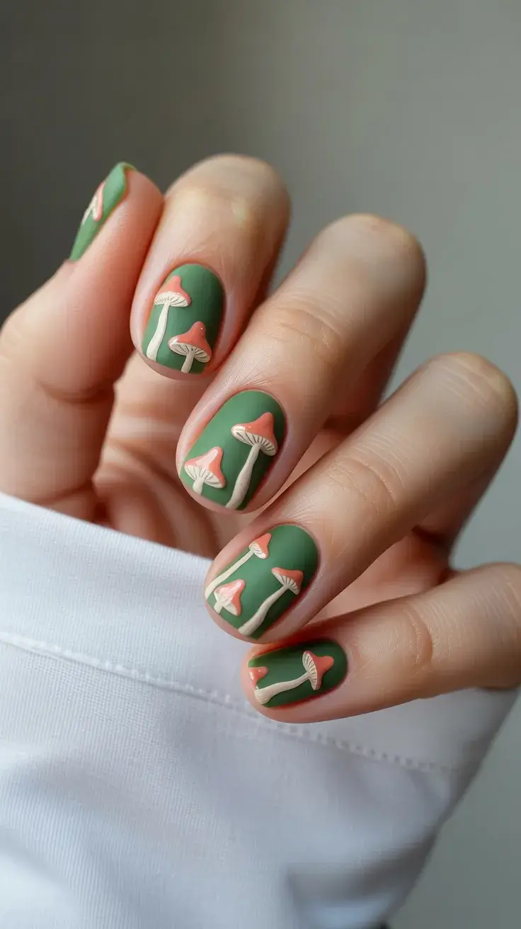 easter nails ideas 2026 Soft Forest Green Mushroom Spring Nails