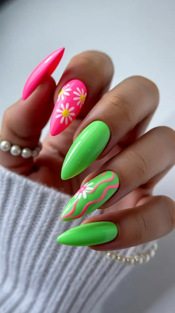 easter nails ideas 2026 Bright Pink and Lime Daisy Easter Nails
