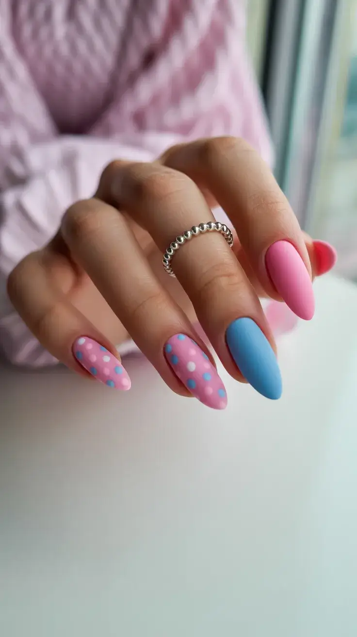 easter nails ideas 2026 Pink and Blue Pastel Dot Nails for Fun Spring Energy