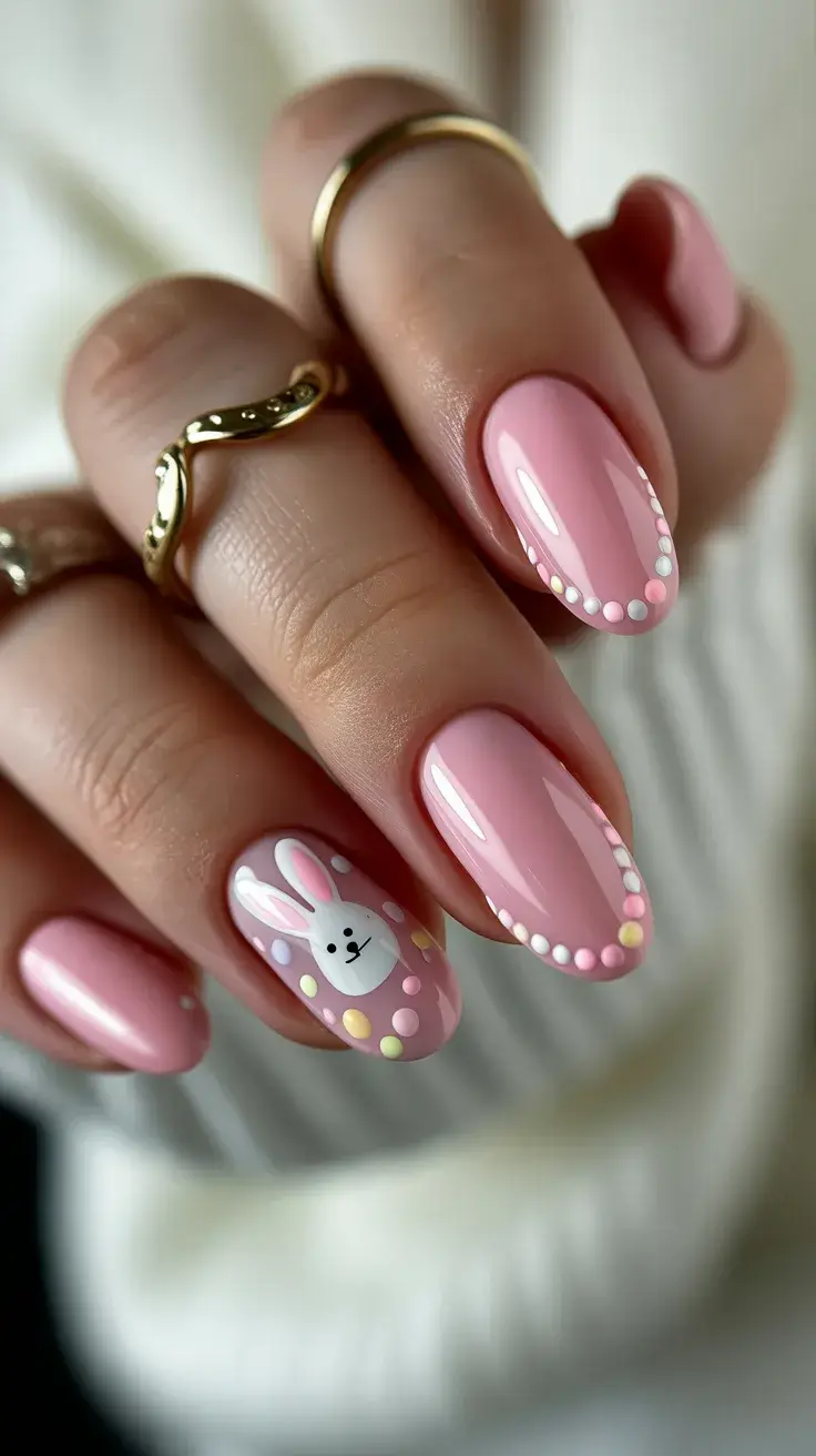 easter nails ideas 2026 Minimalist Pink Easter Bunny Accent Nails
