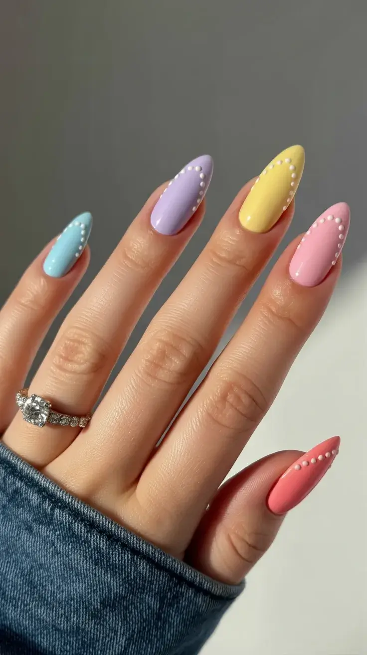 easter nails ideas 2026 Soft Pastel Almond Nails with Delicate Dot Borders