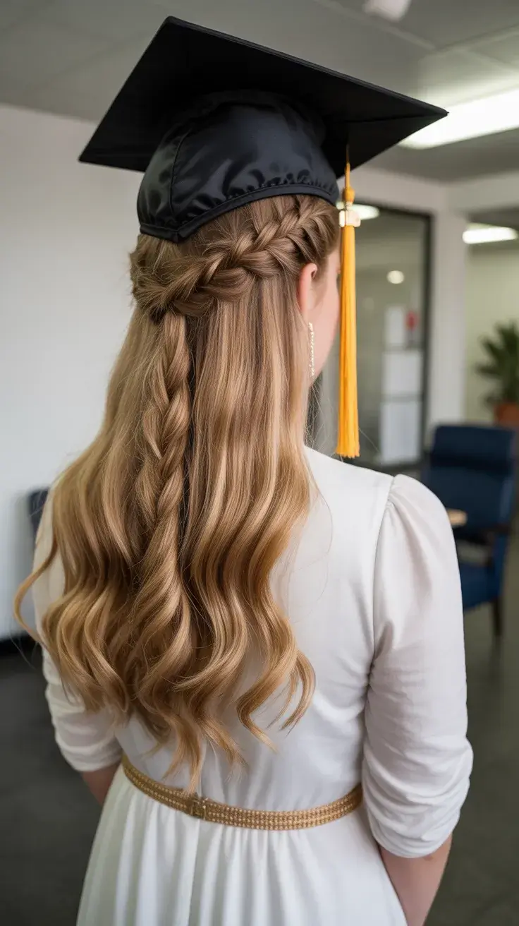 graduation hairstyles ideas 2026 Half Up Braided Waves That Work Beautifully With a Graduation Cap