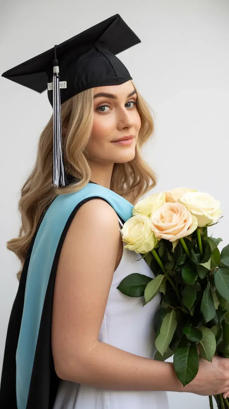 graduation hairstyles ideas 2026 Soft Hollywood Waves That Fall Beautifully Under the Cap