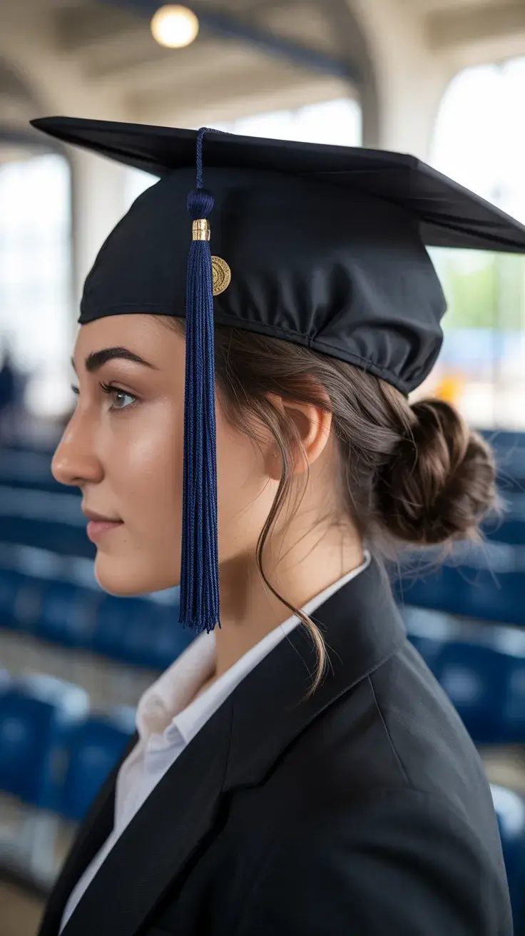 graduation hairstyles ideas 2026 Classic Low Bun That Sits Neatly Under the Graduation Cap