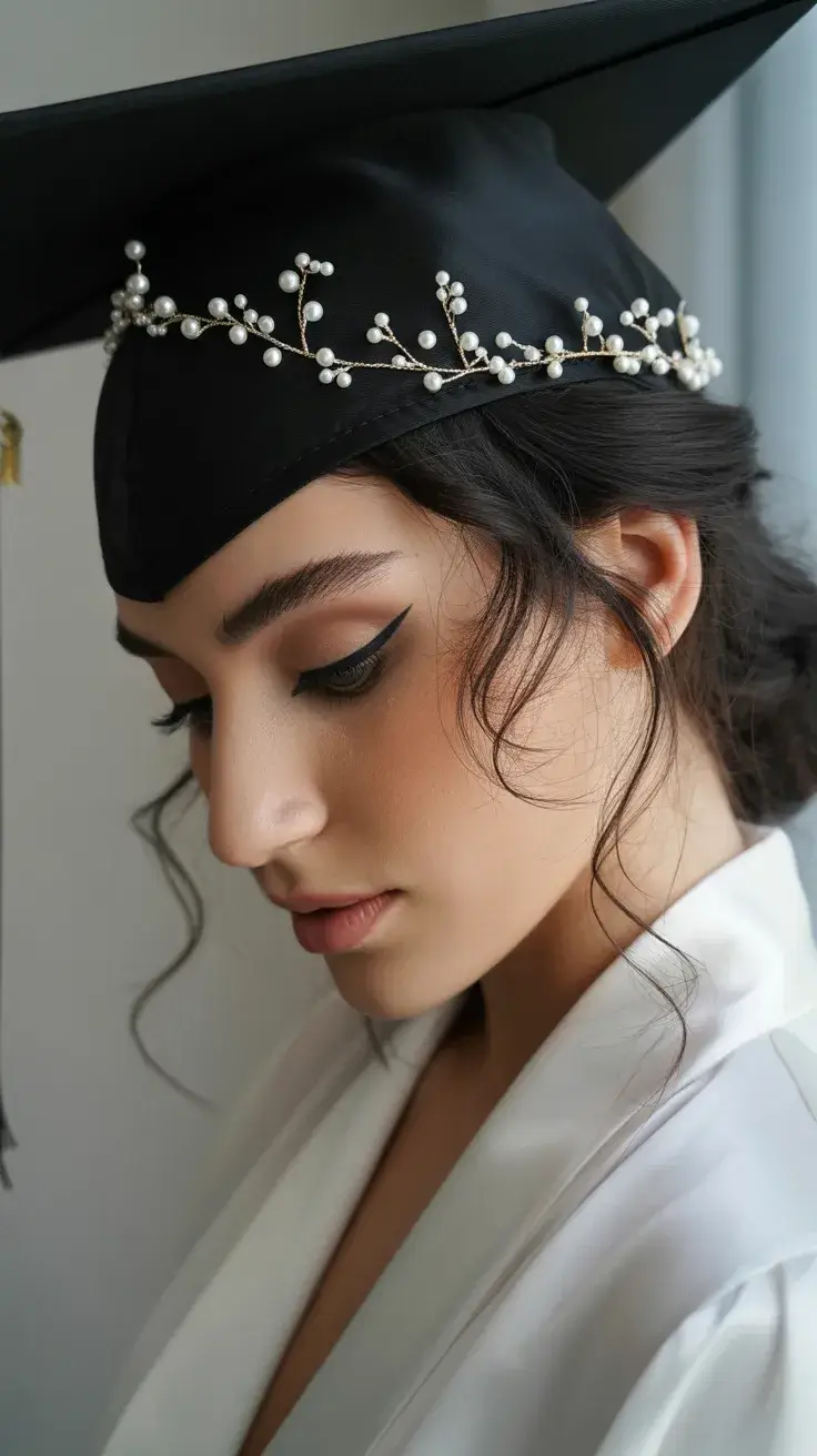 graduation hairstyles ideas 2026 Soft Face-Framing Waves with a Pearl Graduation Cap Accent