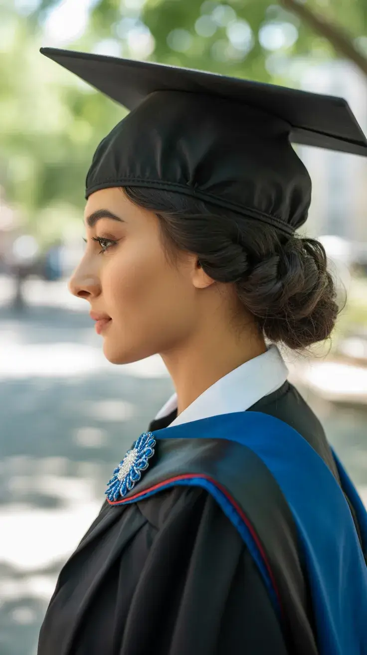 graduation hairstyles ideas 2026 Classic Cap Low Bun for a Timeless Graduation Look