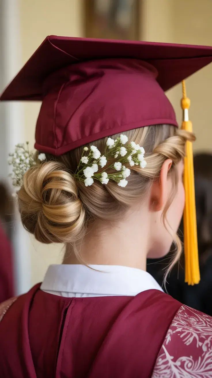graduation hairstyles ideas 2026 Romantic Twisted Bun with Floral Detail