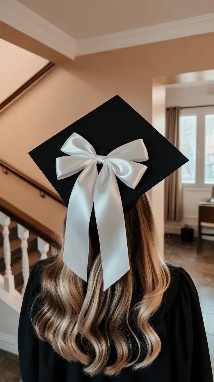 graduation hairstyles ideas 2026 Long Soft Waves with Oversized Graduation Bow
