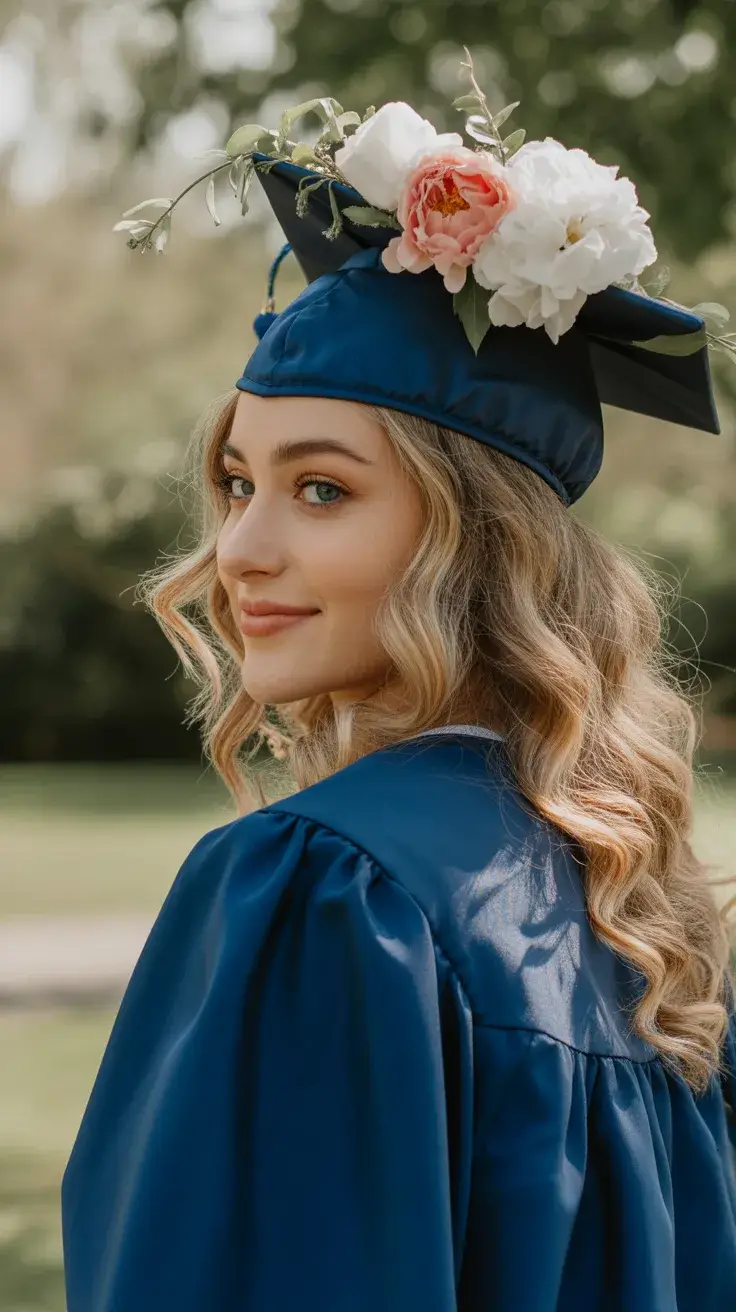 graduation hairstyles ideas 2026 Soft Natural Waves with Floral Graduation Cap Accent
