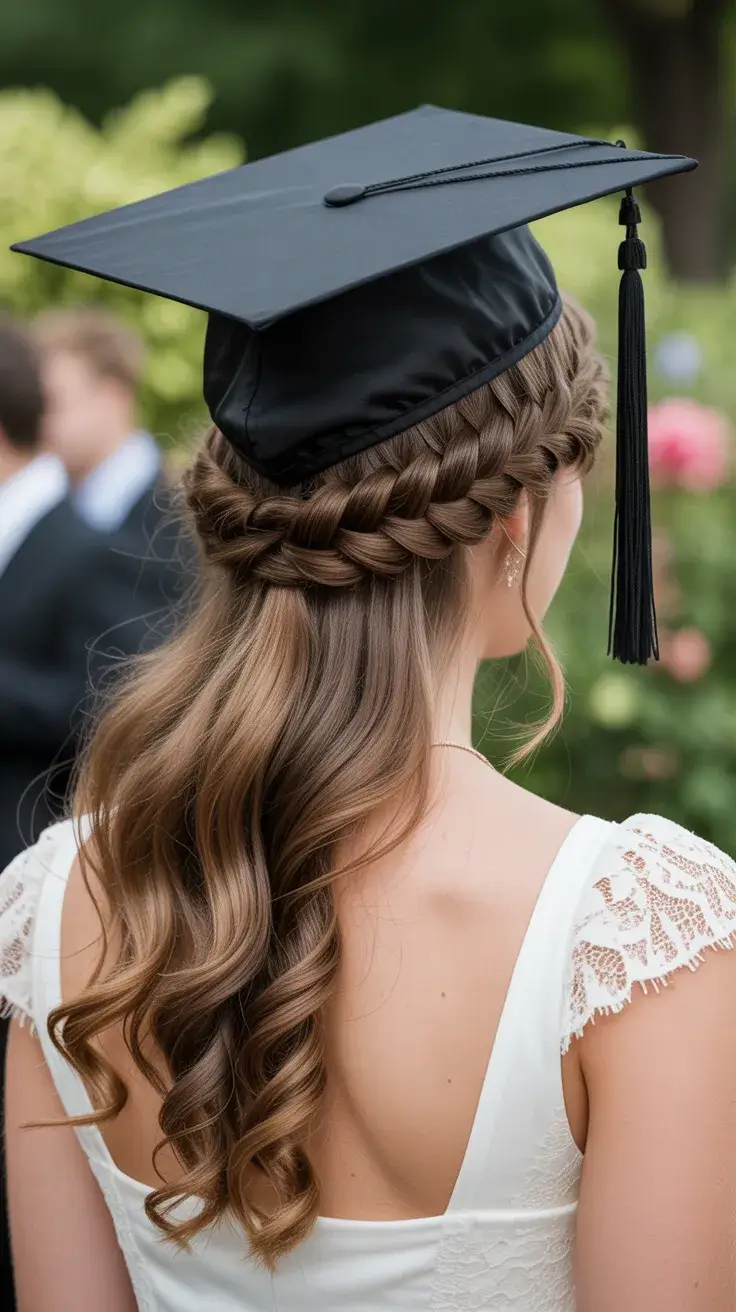 graduation hairstyles ideas 2026 Elegant Crown Braid with Flowing Waves
