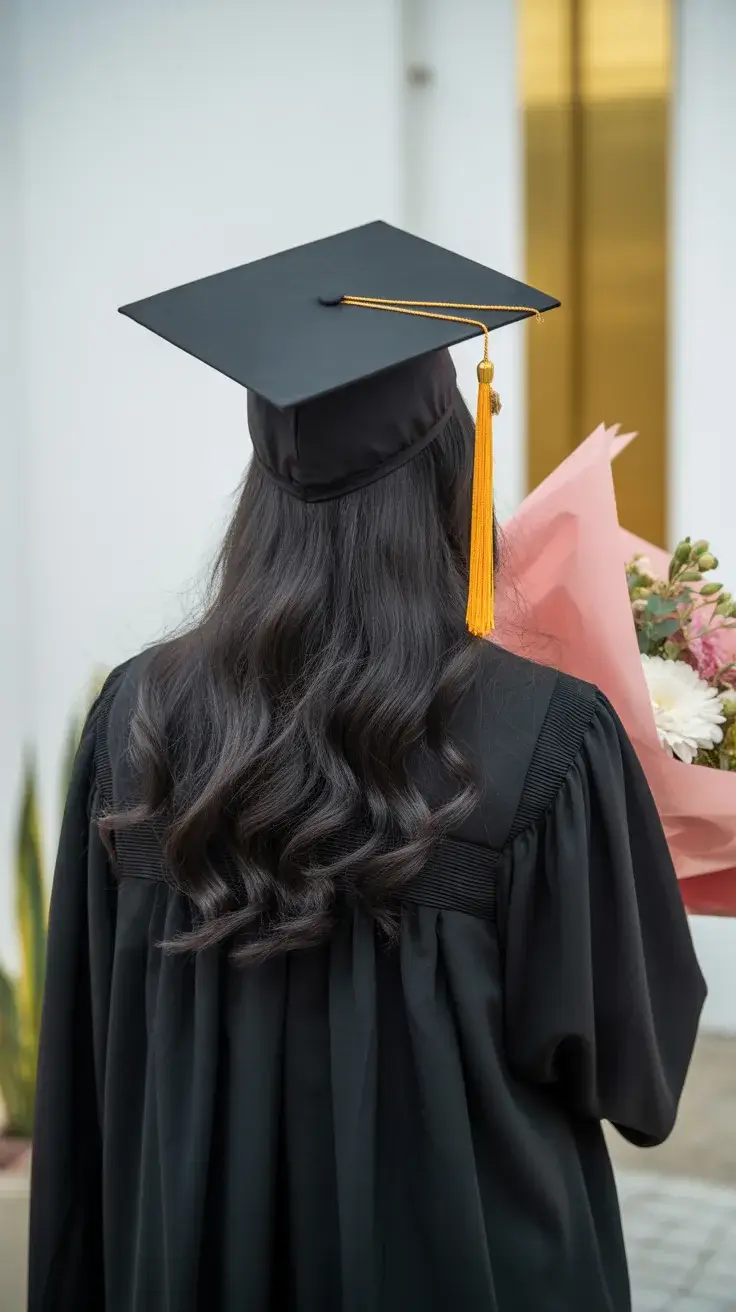 graduation hairstyles ideas 2026 Glossy Long Waves That Flow Perfectly Under the Cap