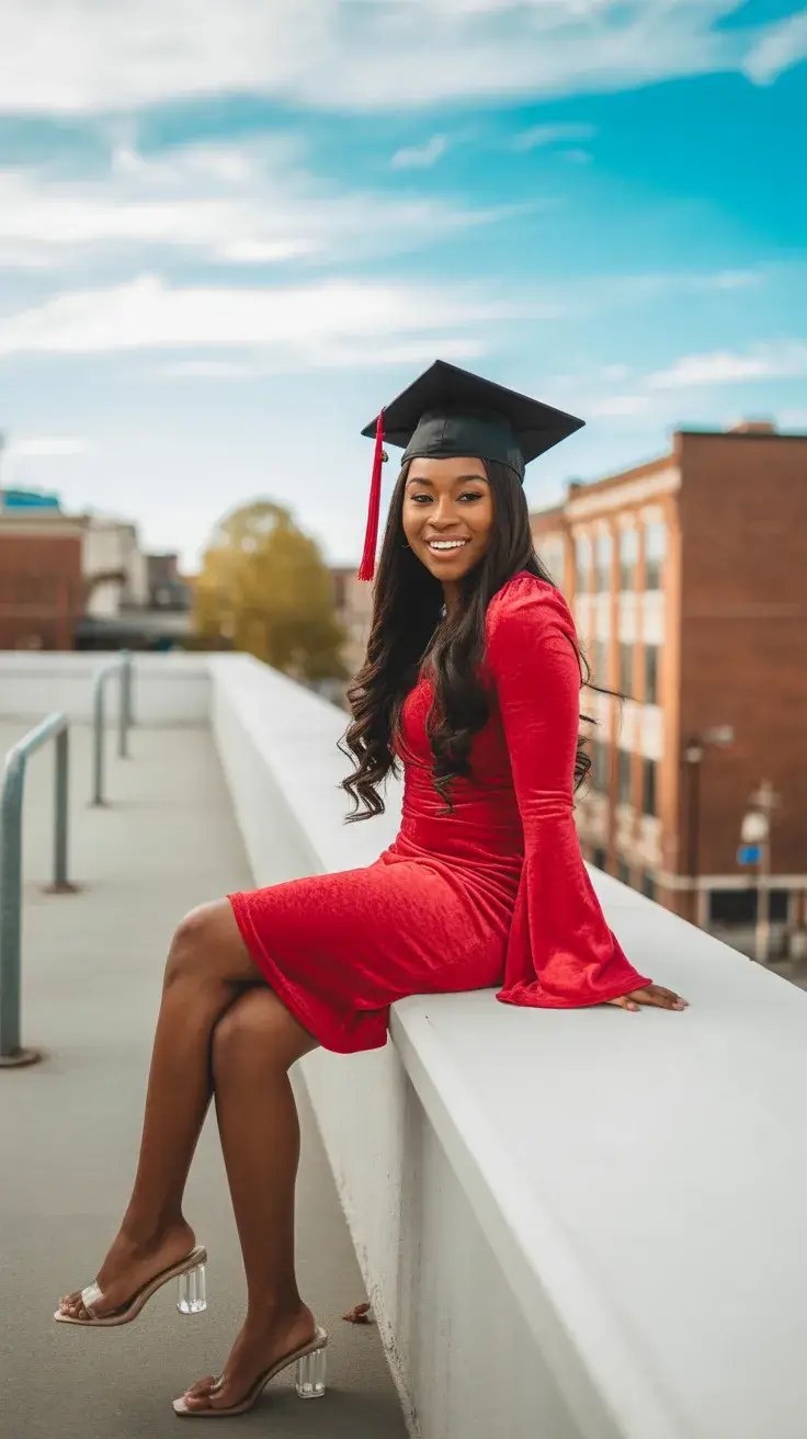 graduation look ideas 2026 Bright Red Graduation Dress For A Confident Campus Photoshoot