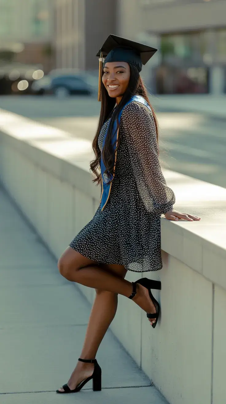 graduation look ideas 2026 Soft Polka Dot Dress With Classic College Graduation Charm