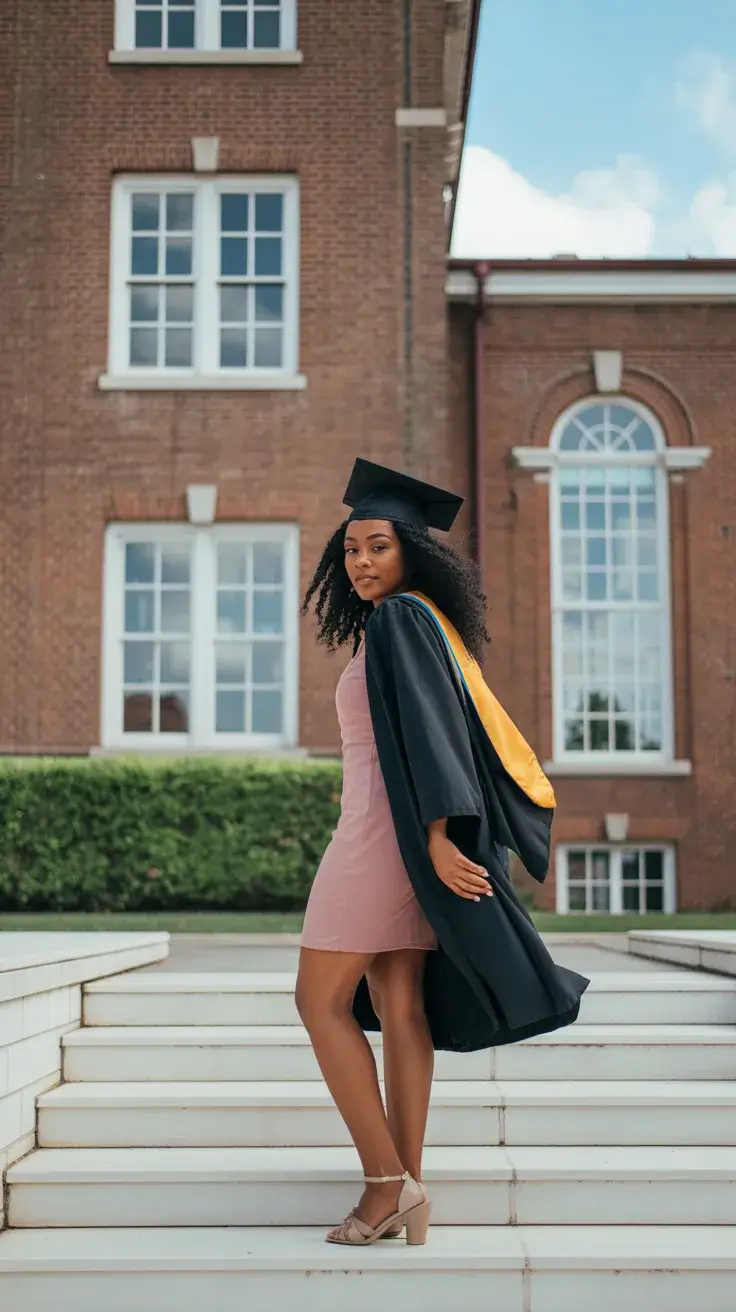 graduation look ideas 2026 Soft Pink Dress Under Graduation Robe For Elegant University Style