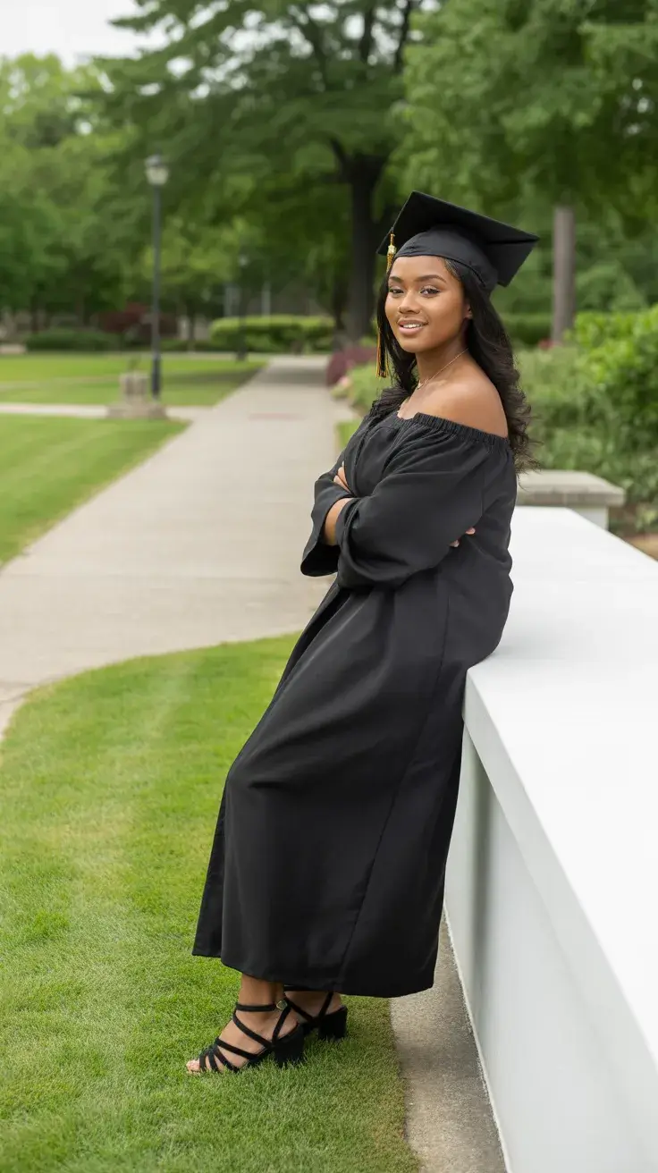 graduation look ideas 2026 Relaxed Off-Shoulder Gown for an Outdoor Campus Graduation