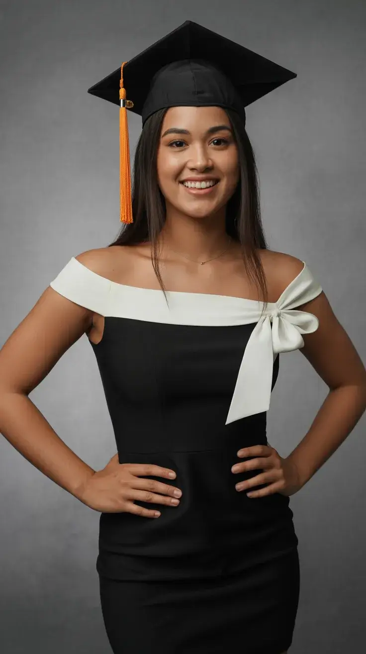 graduation look ideas 2026 Classic Black Graduation Dress with a Modern Bow Detail