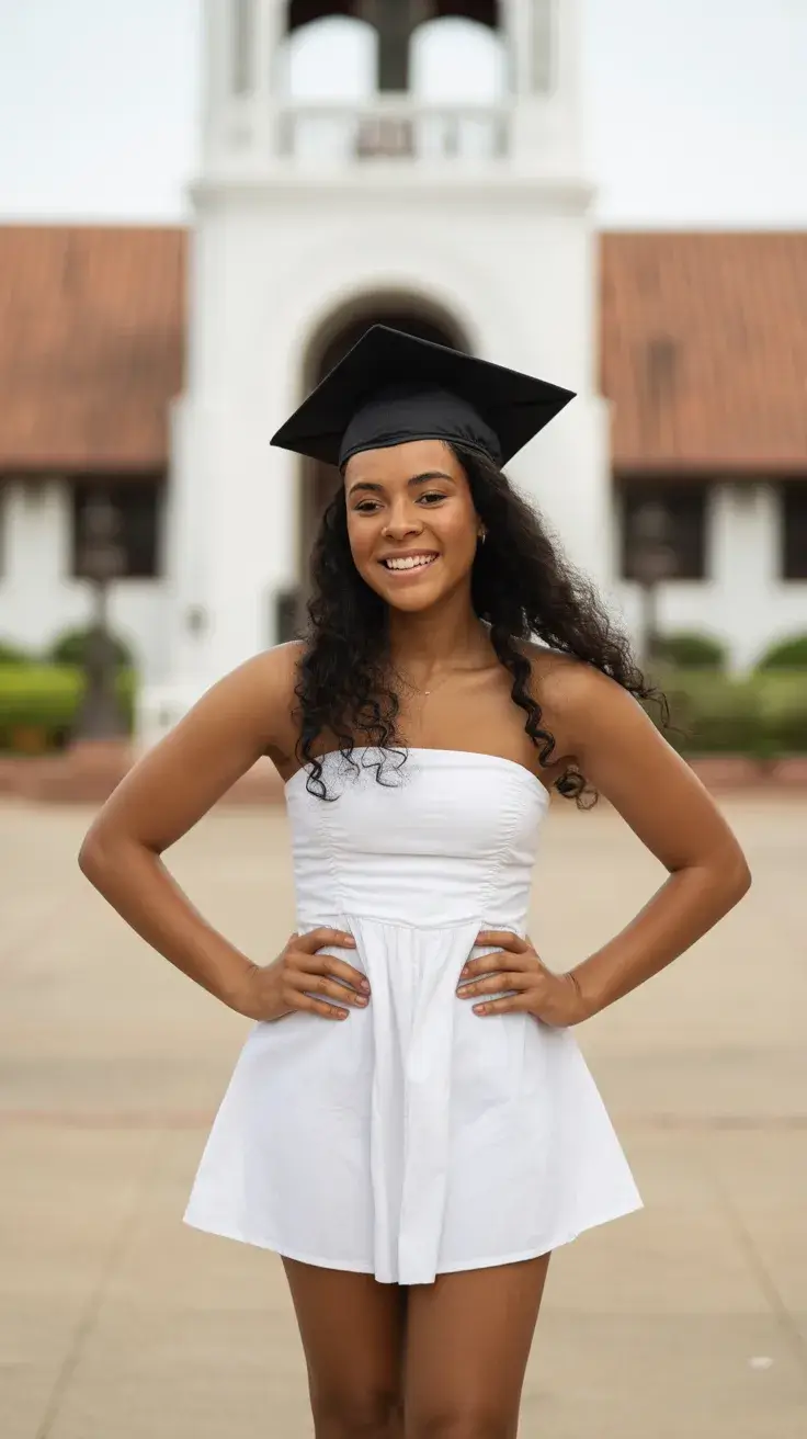 graduation look ideas 2026 Fresh White Mini Dress for a Bright Campus Graduation Moment