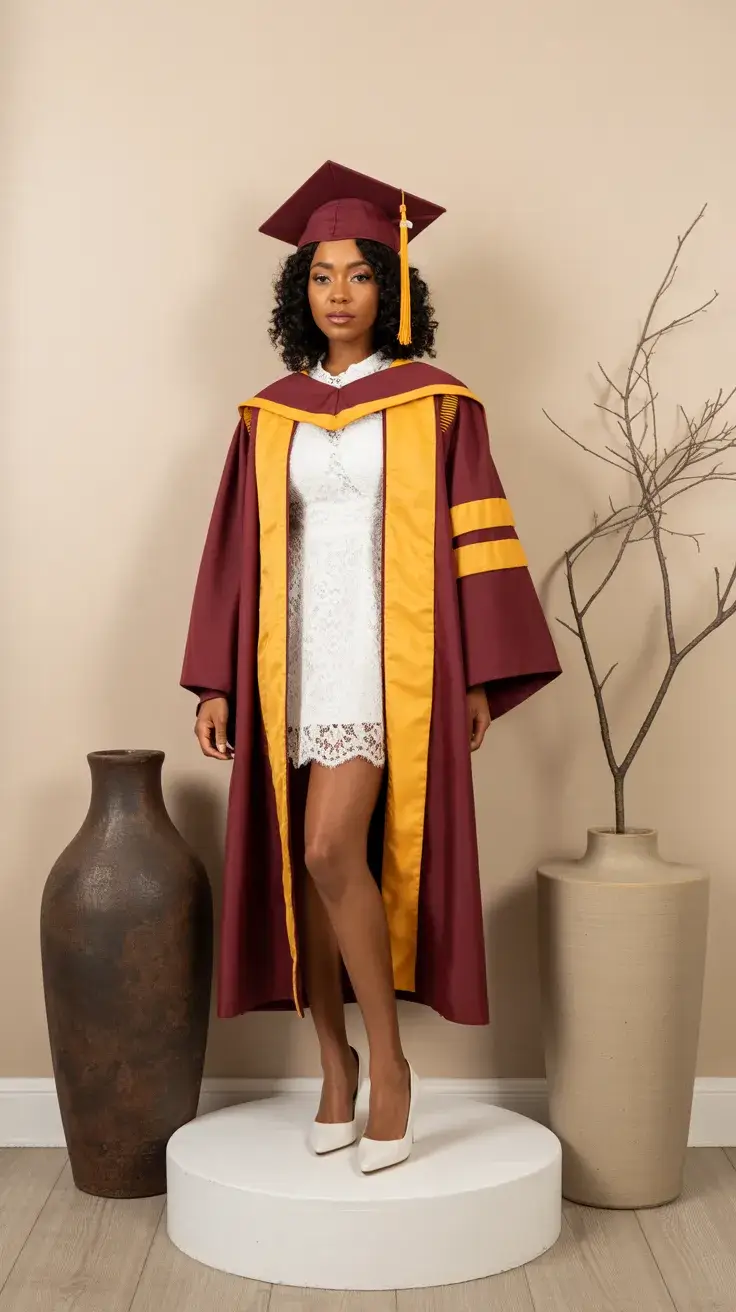 graduation look ideas 2026 Burgundy Academic Robe With Soft Feminine Graduation Style