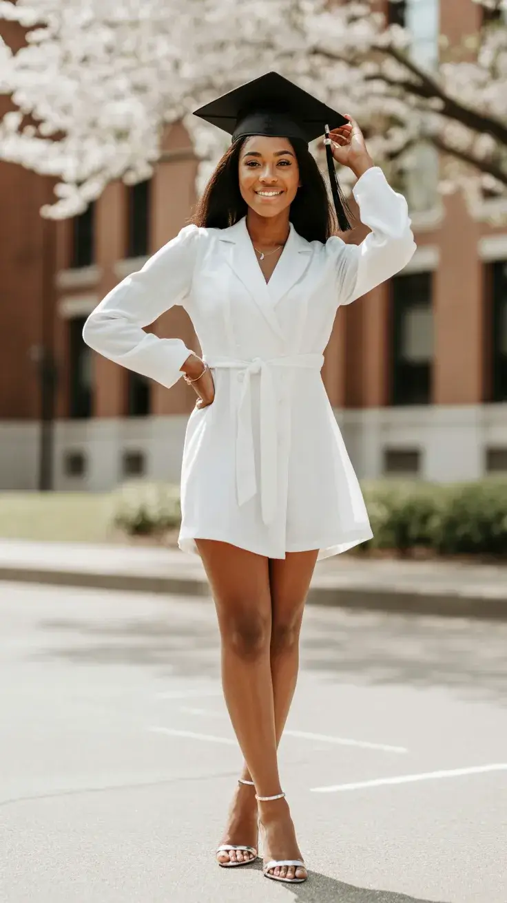 graduation look ideas 2026 Modern White Blazer Dress For A Chic Graduation Photoshoot